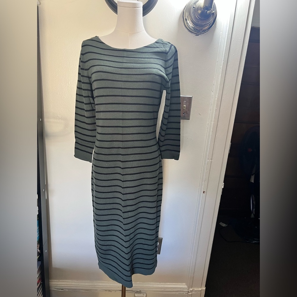 The Limited Olive Green and Black Striped Boatneck Midi Sweater Dress Size S